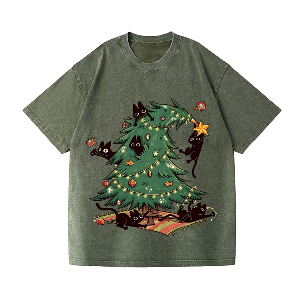 Christmas tree playful Cat Vintage Wash Japanese Design T-Shirt