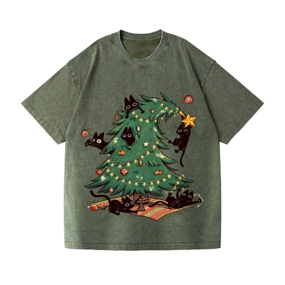 Christmas tree playful Cat Vintage Wash Japanese Design T-Shirt