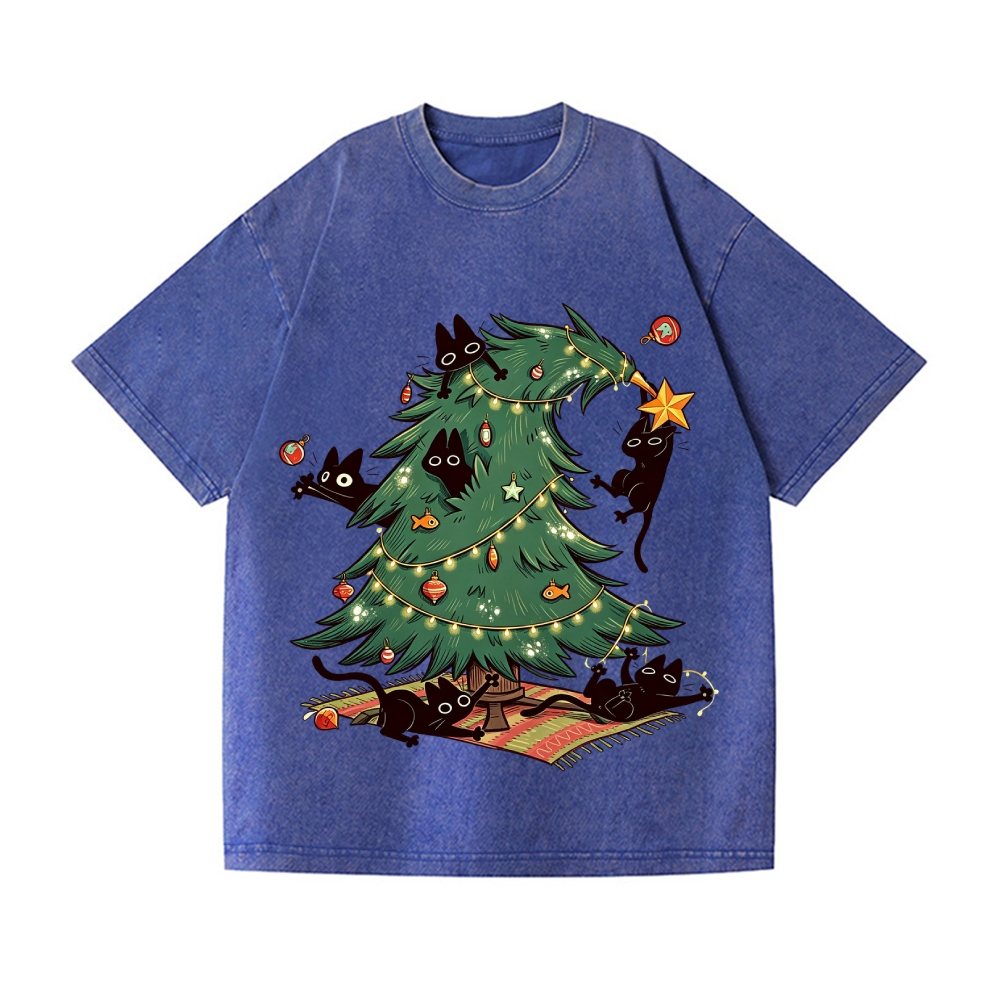 Christmas tree playful Cat Vintage Wash Japanese Design T-Shirt