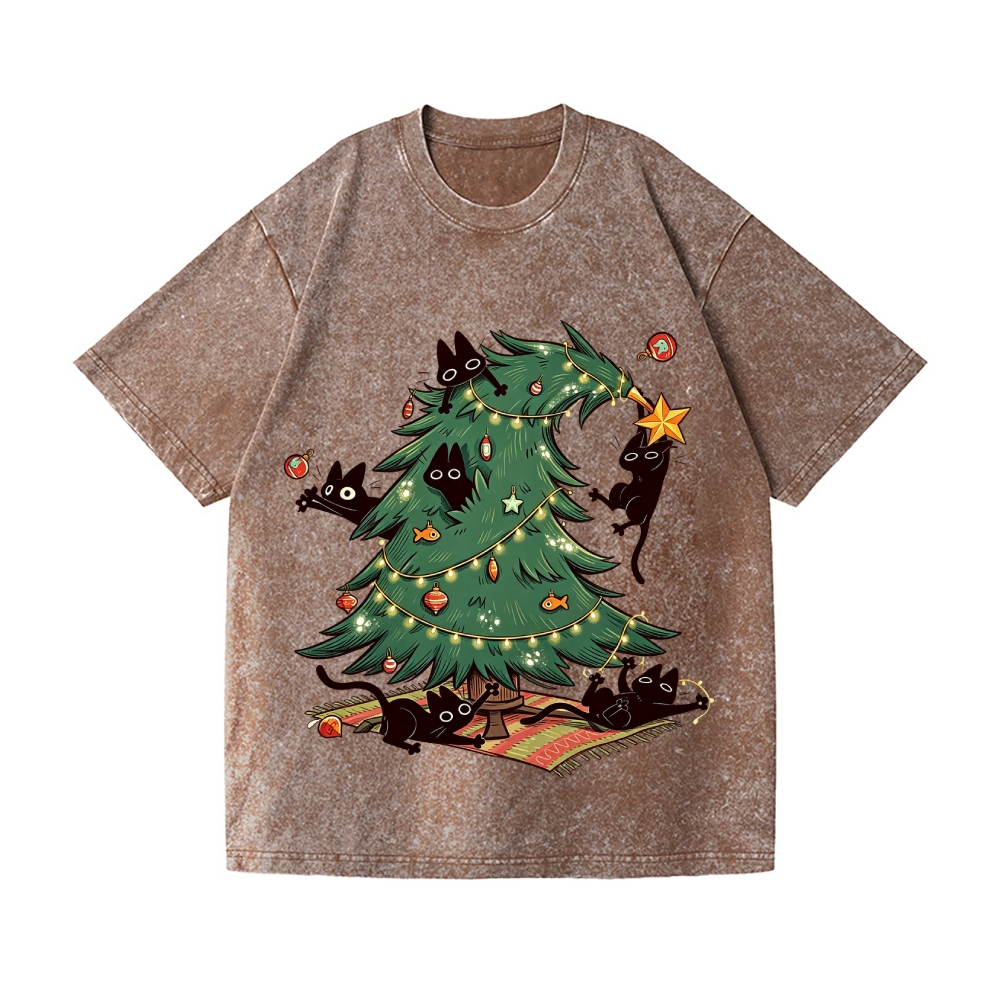 Christmas tree playful Cat Vintage Wash Japanese Design T-Shirt