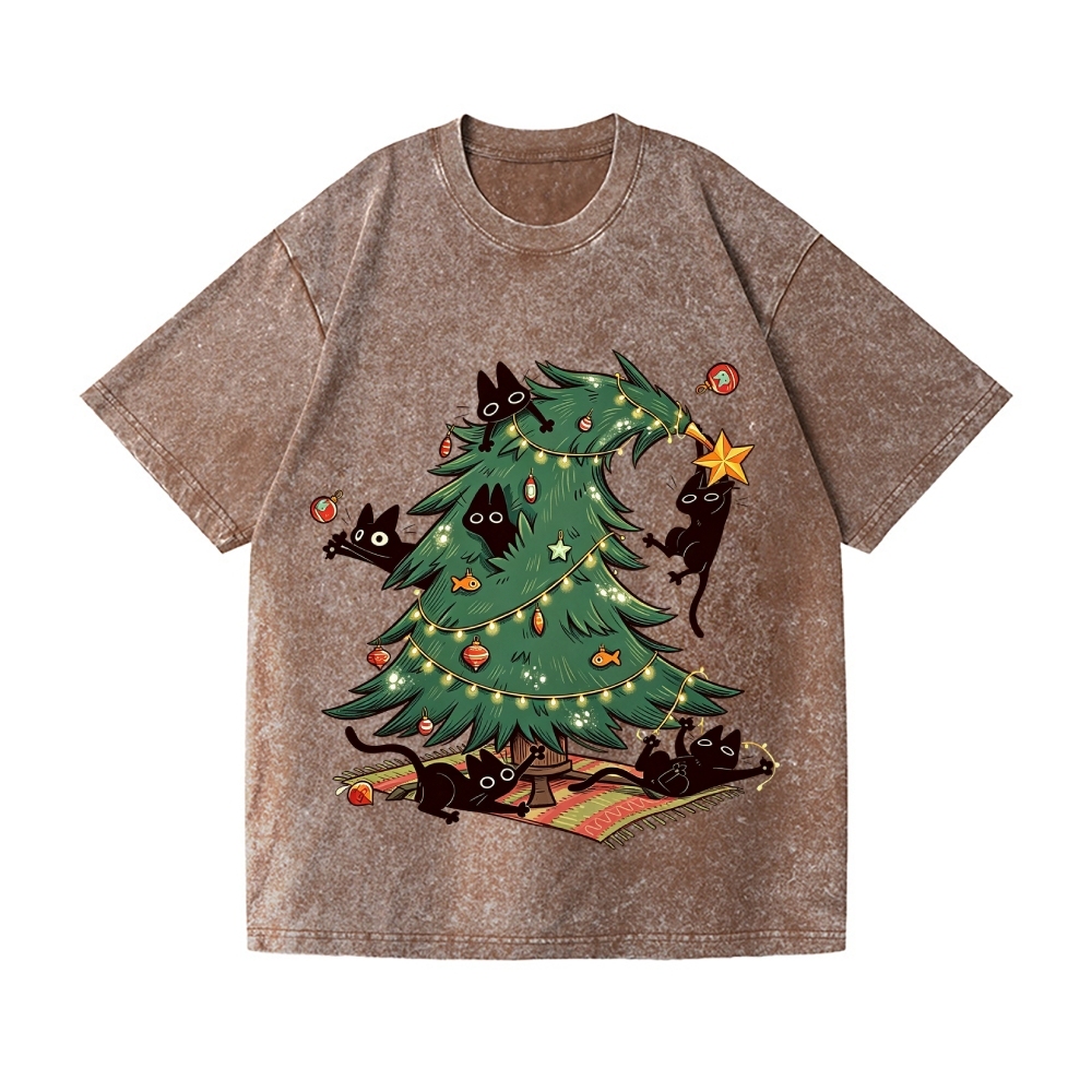 Christmas tree playful Cat Vintage Wash Japanese Design T-Shirt
