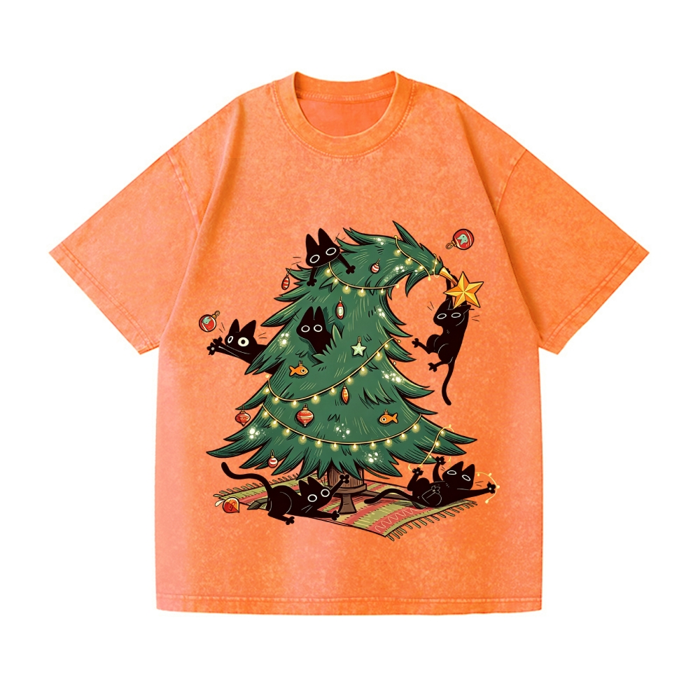 Christmas tree playful Cat Vintage Wash Japanese Design T-Shirt