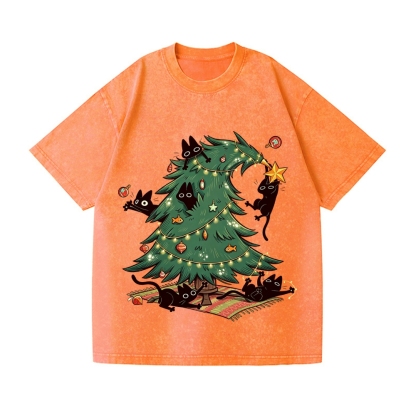 Christmas tree playful Cat Vintage Wash Japanese Design T-Shirt
