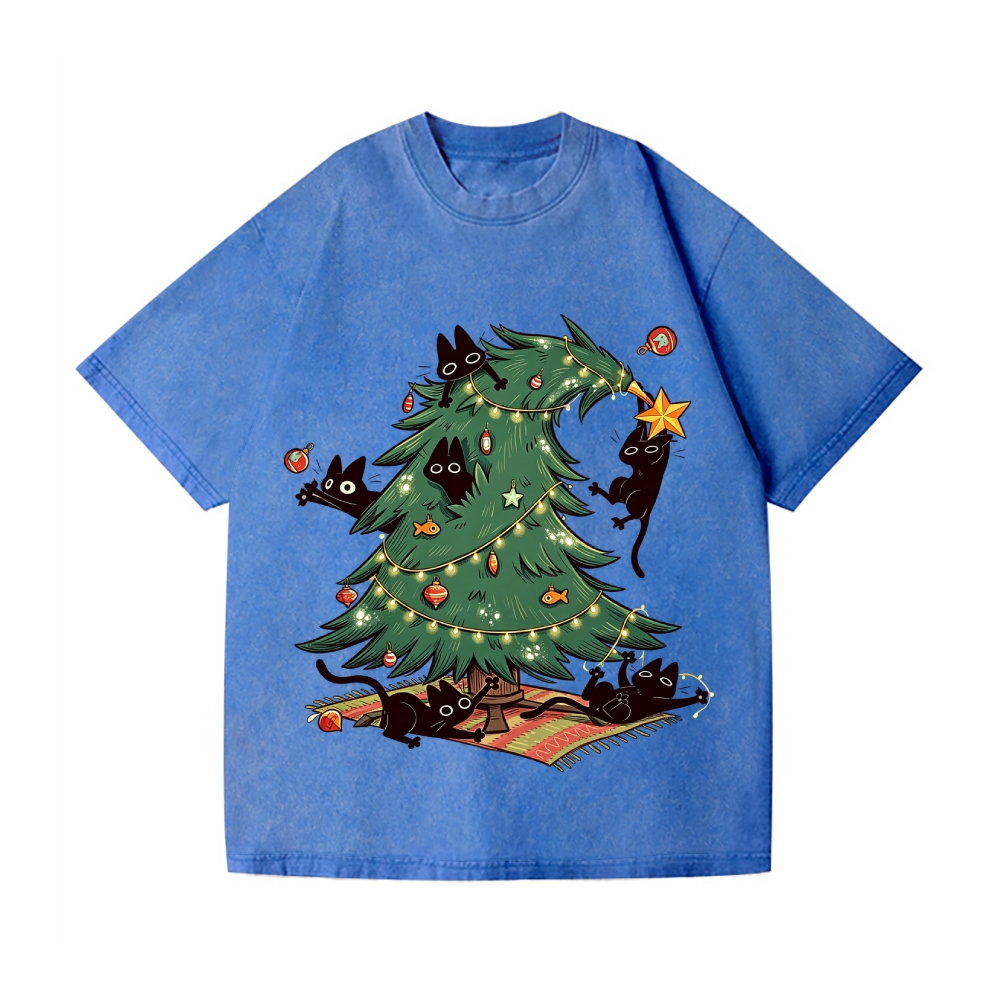 Christmas tree playful Cat Vintage Wash Japanese Design T-Shirt