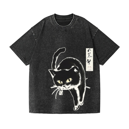 Black Cat Vintage Wash Japanese Design T-Shirt