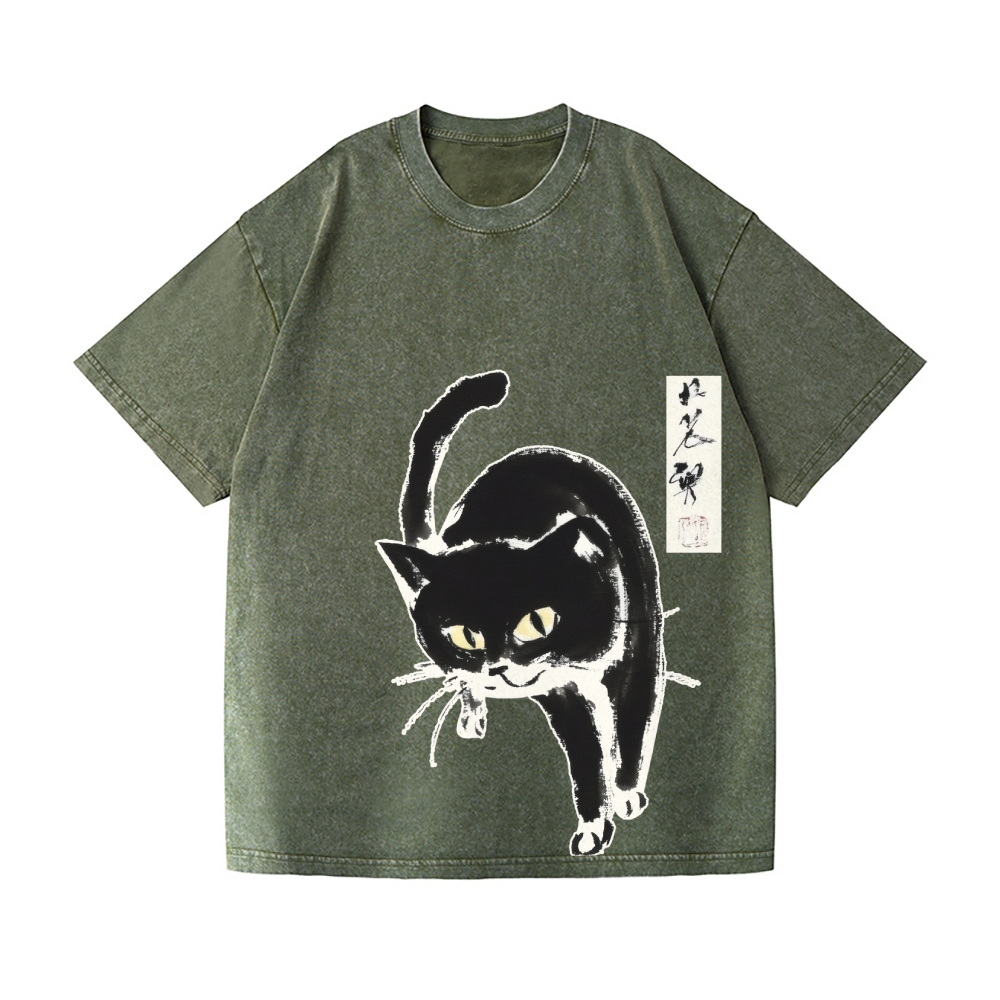 Black Cat Vintage Wash Japanese Design T-Shirt