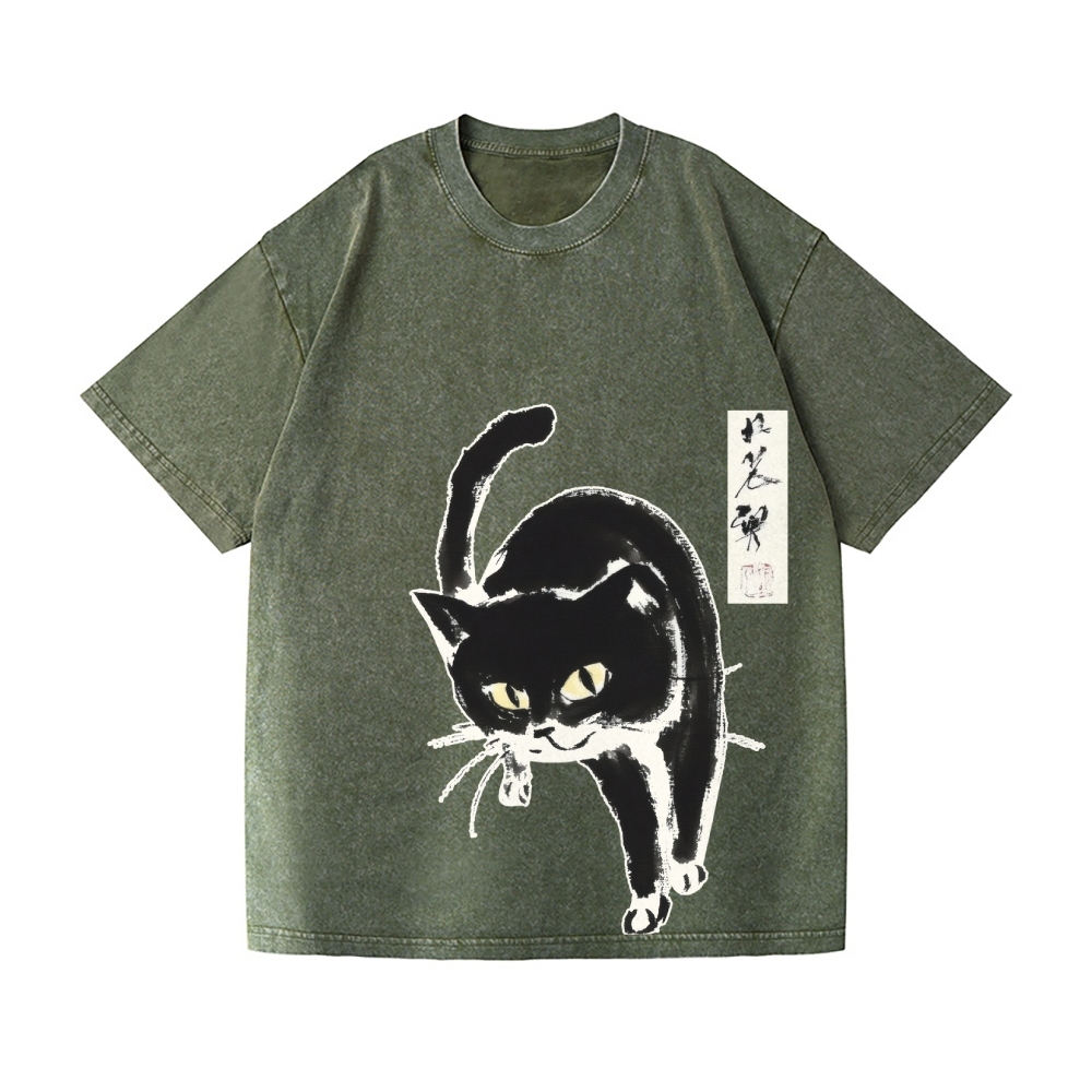 Black Cat Vintage Wash Japanese Design T-Shirt