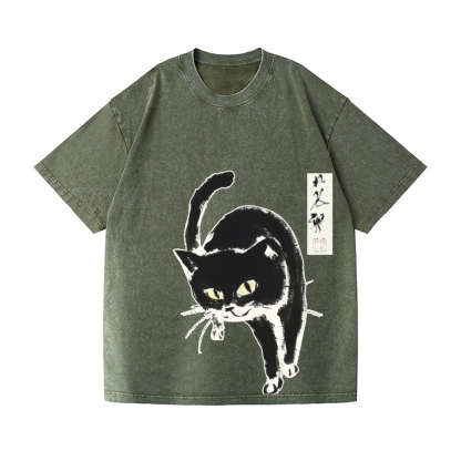 Black Cat Vintage Wash Japanese Design T-Shirt