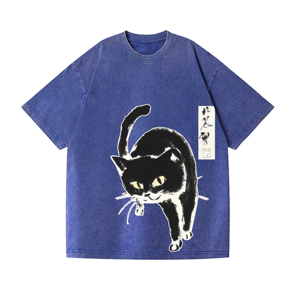 Black Cat Vintage Wash Japanese Design T-Shirt