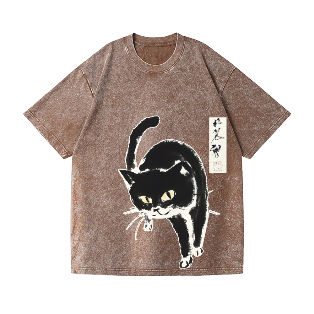 Black Cat Vintage Wash Japanese Design T-Shirt