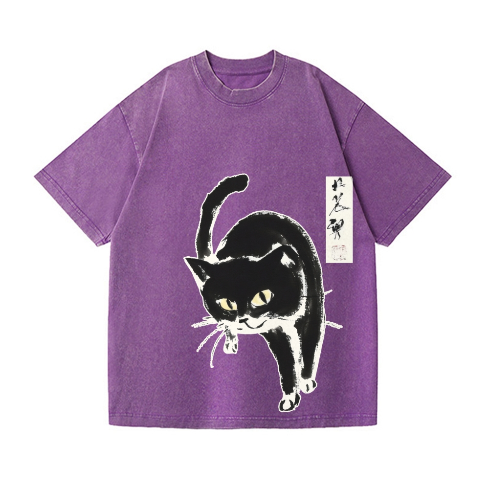 Black Cat Vintage Wash Japanese Design T-Shirt