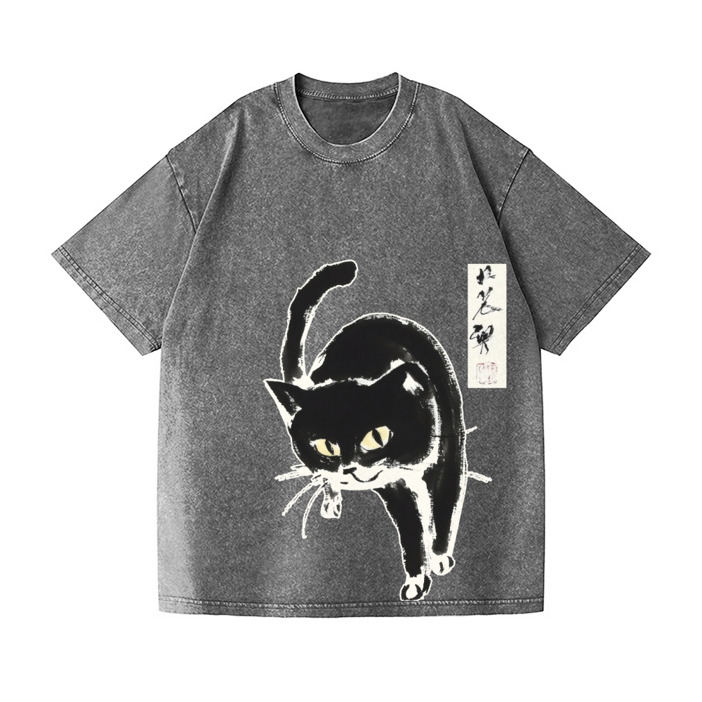 Black Cat Vintage Wash Japanese Design T-Shirt
