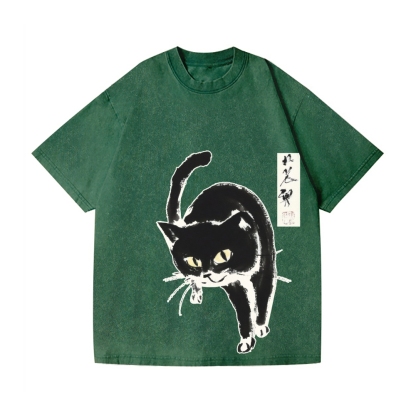 Black Cat Vintage Wash Japanese Design T-Shirt