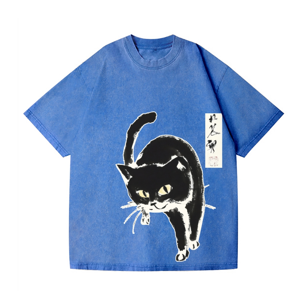 Black Cat Vintage Wash Japanese Design T-Shirt