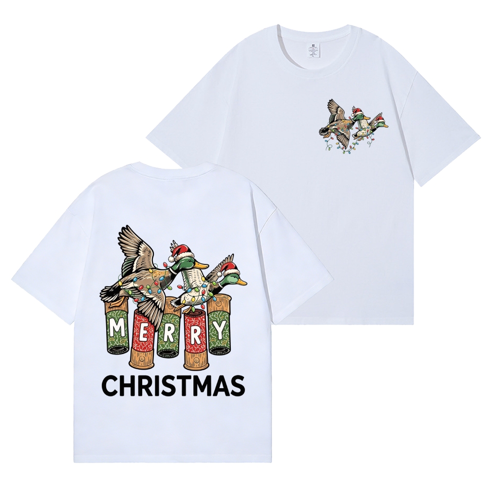 Merry Christmas Mallard Duck Hunting Back Art Cotton Tee