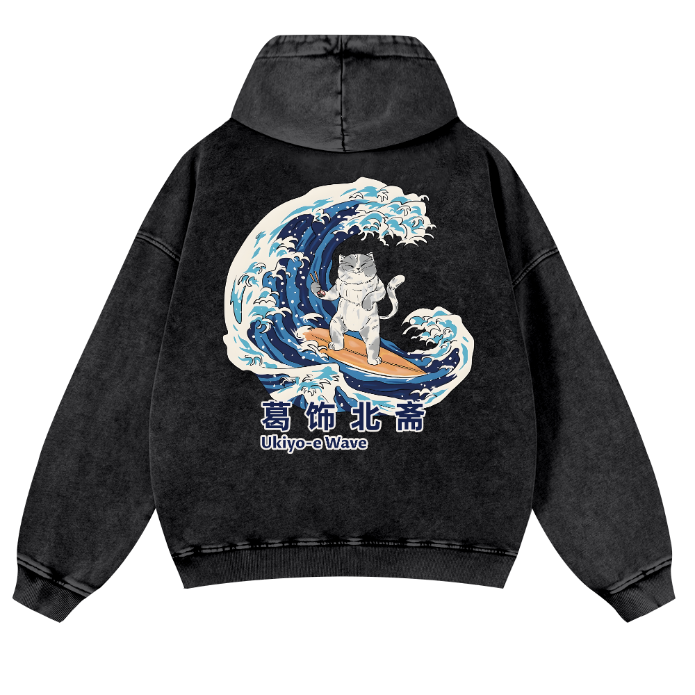 Ukiyoe Wave Cat Vintage Washed Cotton Back Art Hoodie