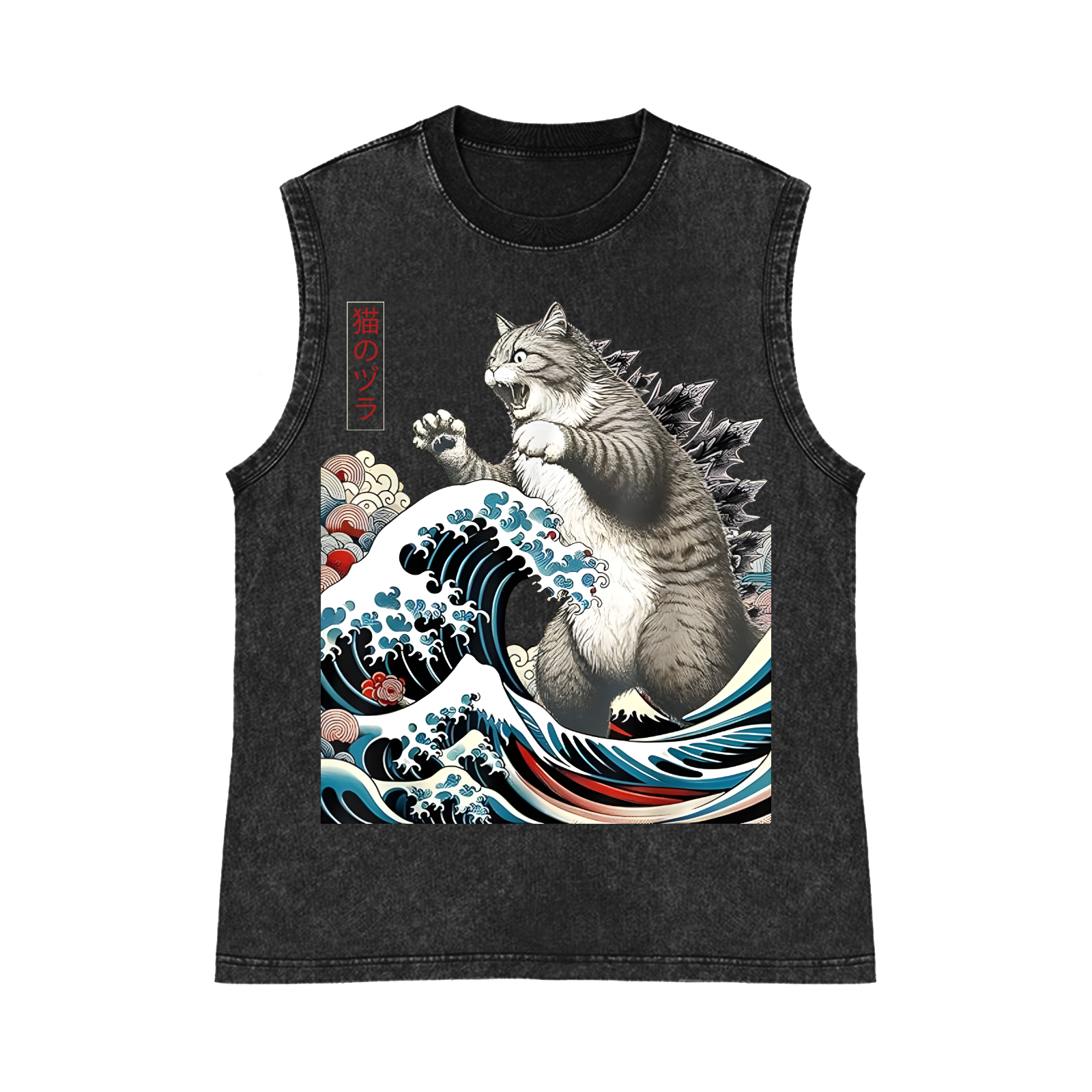 Cat Godzilla Ukiyoe Great Wave Pure Cotton Wash-Dyed Sleeveless Tank Top