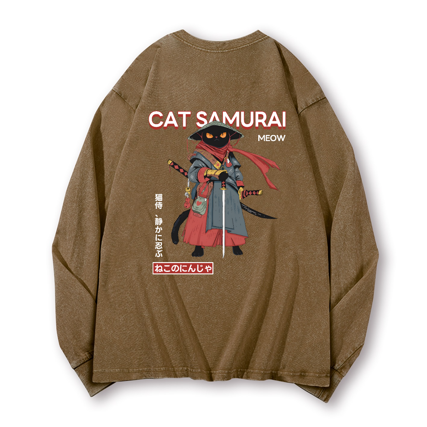 Cat Samurai Vintage Washed Cotton Back Art Long-sleeve T-shirt