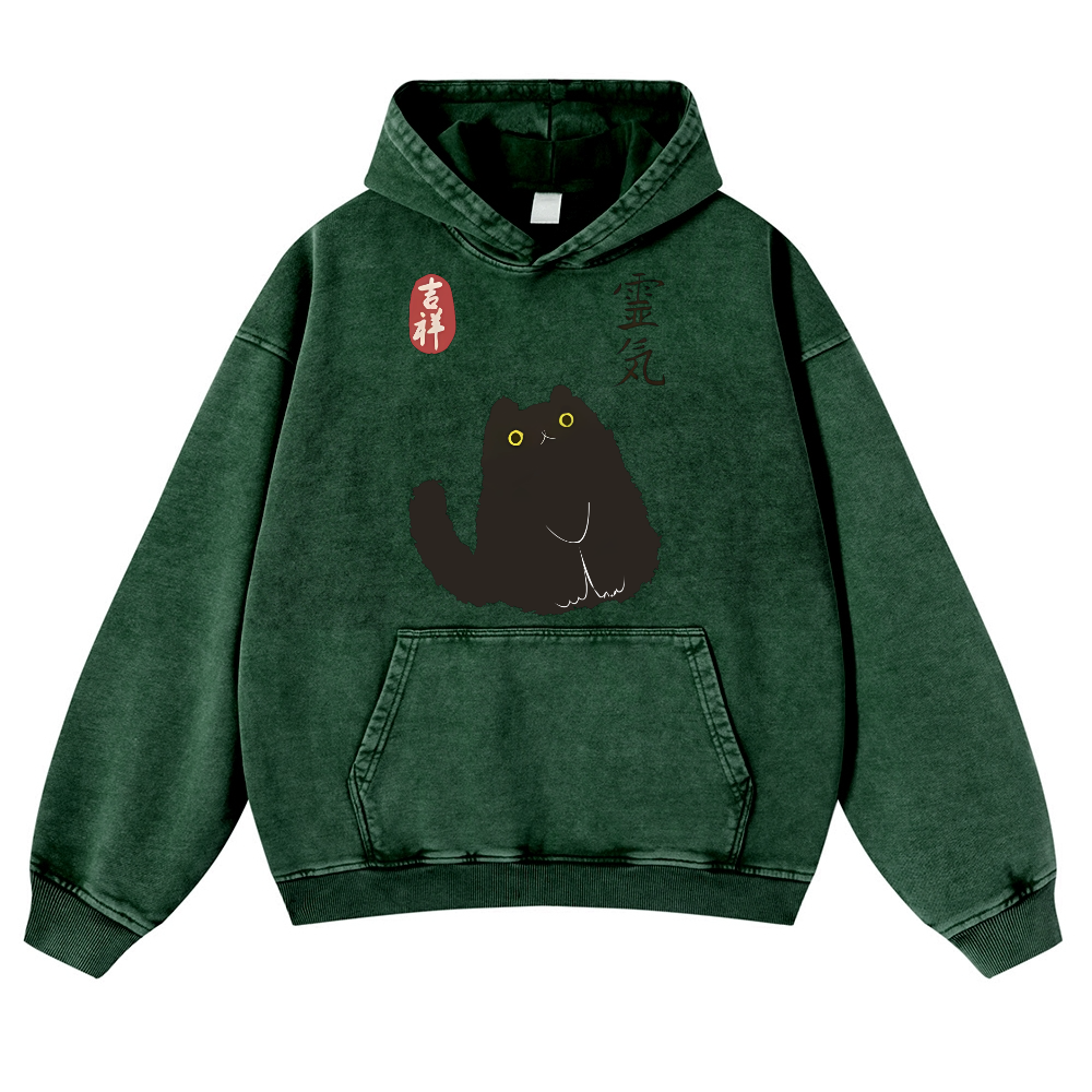 Lucky Black Cat Vintage Washed Thick Cotton Hoodie