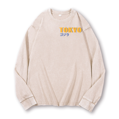 Ramen Godzilla Vintage Washed Cotton Back Art Long-sleeve T-shirt