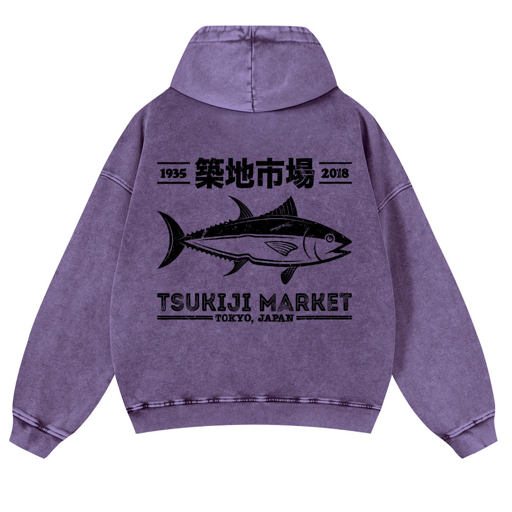 Tsukiji Market Tokyo Japan Fish Vintage Washed Cotton Back Art Hoodie