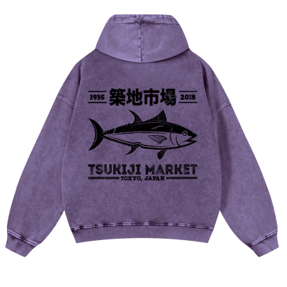 Tsukiji Market Tokyo Japan Fish Vintage Washed Cotton Back Art Hoodie