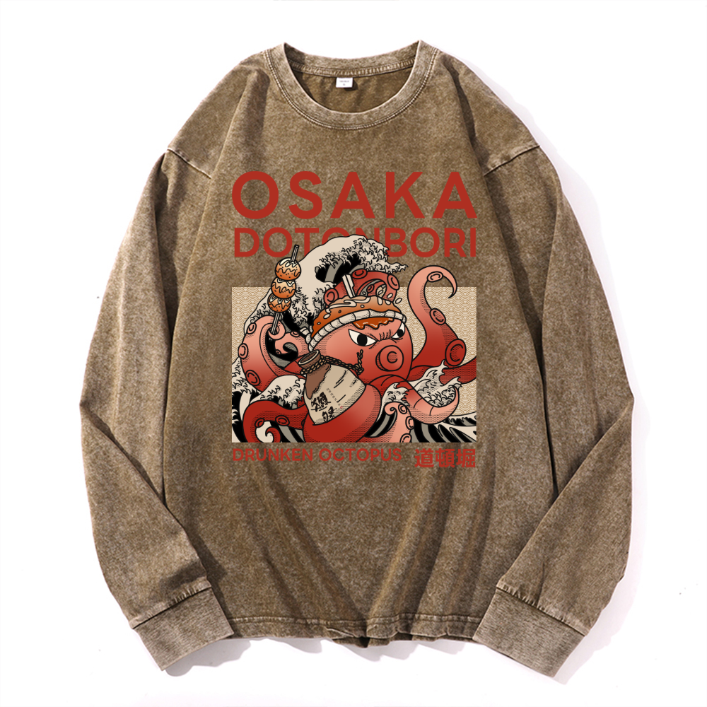 Osaka Dotonbori Drunken Octopus Vintage Cotton Wash Crewneck Sweatshirt