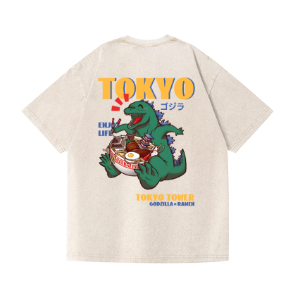 Tokyo Godzilla Vintage Wash Japanese Design Back Art T-Shirt