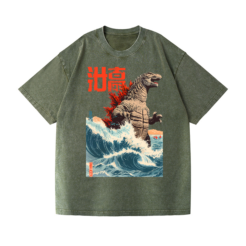 Godzilla Wave Vintage Wash Japanese Design T-Shirt