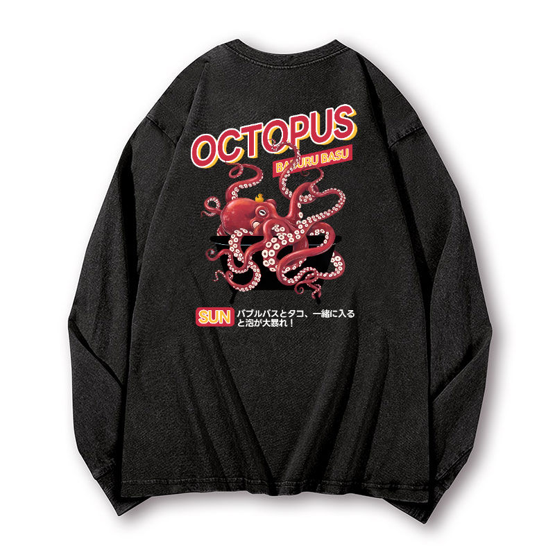 Bubble Bath Octopus Vintage Washed Cotton Back Art Long-sleeve T-shirt