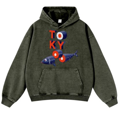Tokyo Sushi Fish Vintage Washed Thick Cotton Hoodie
