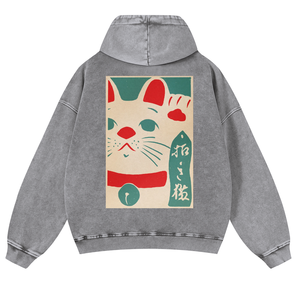 Lucky Cat Vintage Washed Cotton Back Art Hoodie