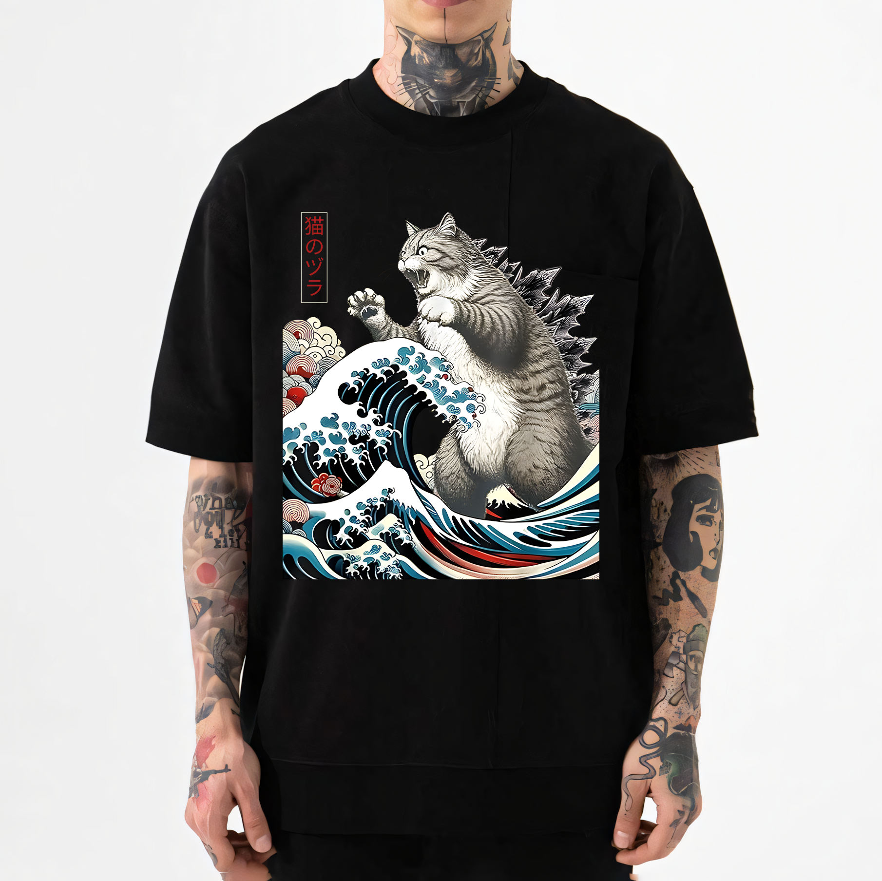 Cat Godzilla Ukiyoe Great Wave Japanese Style Classic Tee