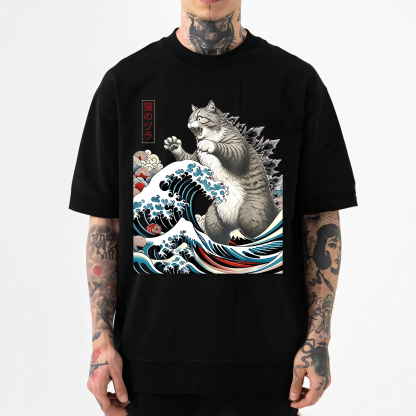 Cat Godzilla Ukiyoe Great Wave Japanese Style Classic Tee