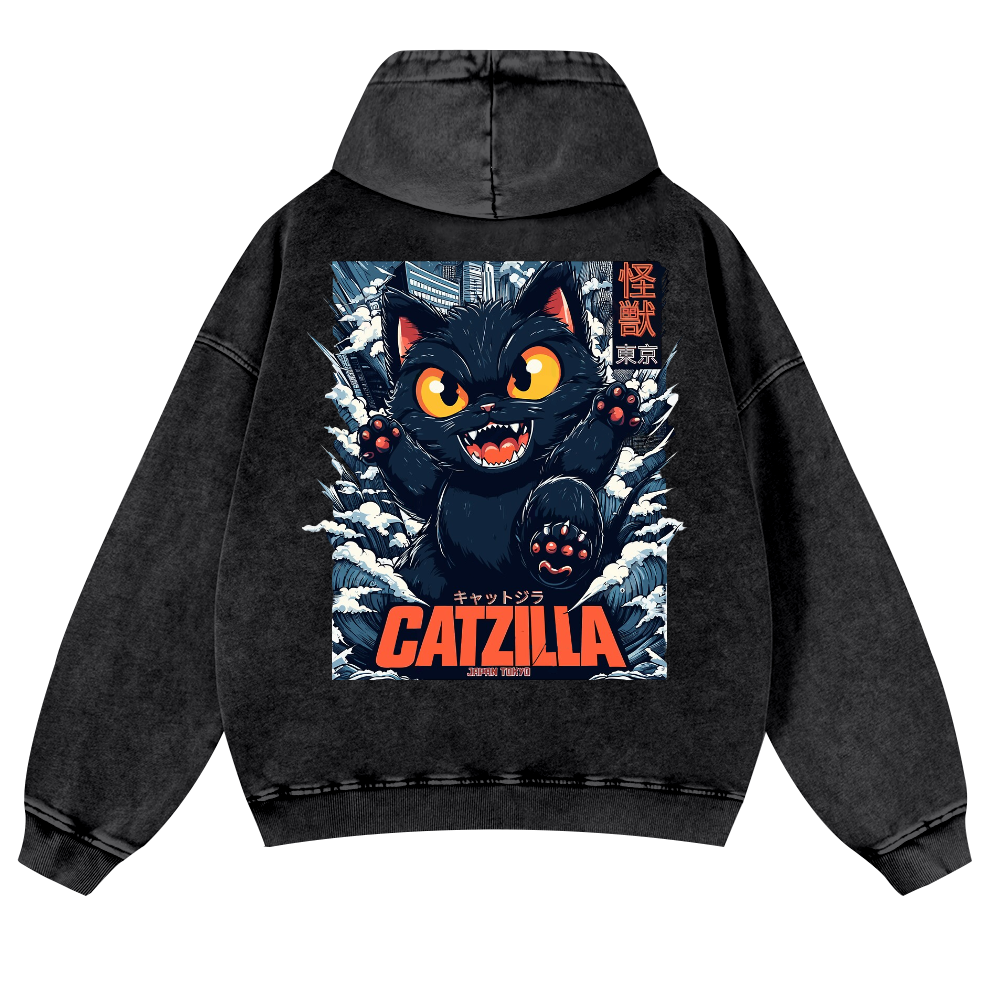 Catzilla Cat Godzilla Vintage Washed Cotton Back Art Hoodie
