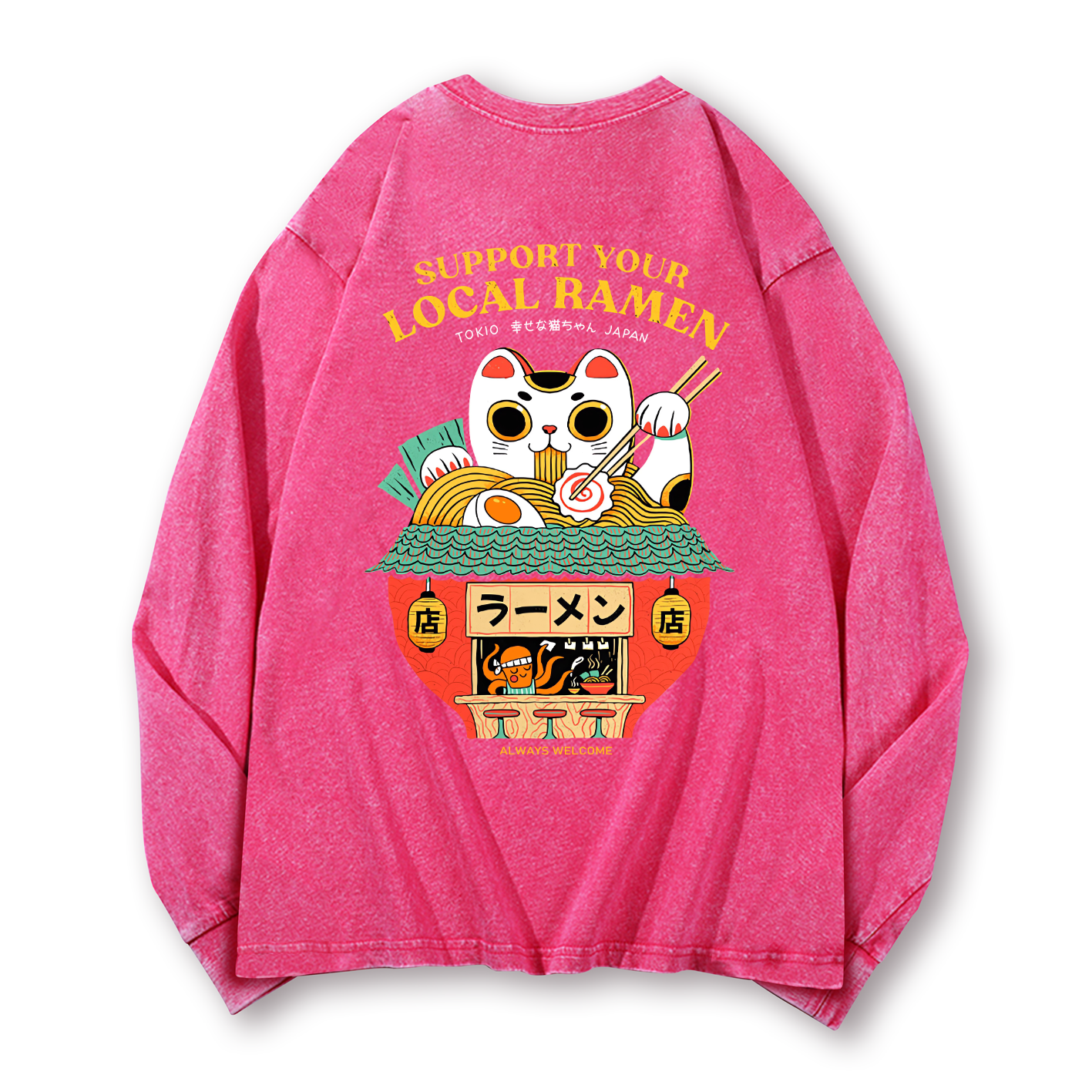 Ramen Lucky Cat Vintage Washed Cotton Back Art Long-sleeve T-shirt