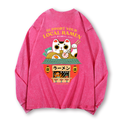 Ramen Lucky Cat Vintage Washed Cotton Back Art Long-sleeve T-shirt