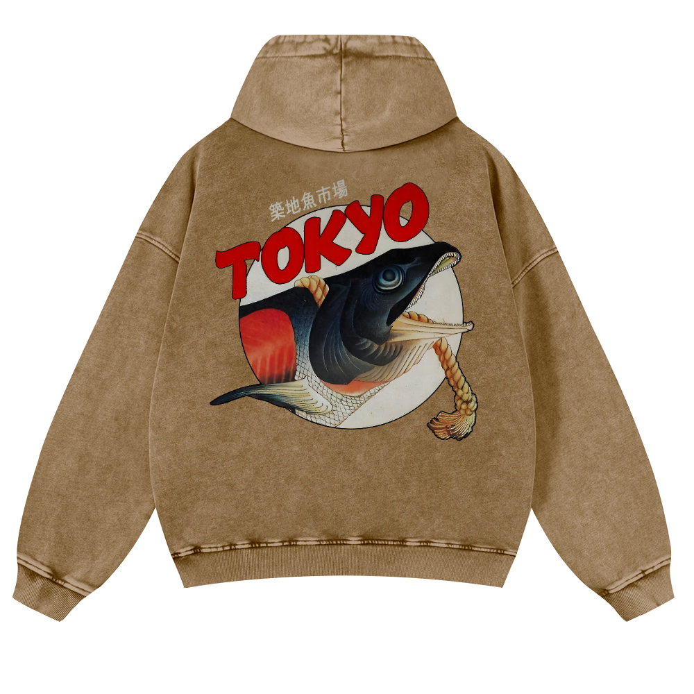 Tsukiji Fish Market Vintage Washed Cotton Back Art Hoodie