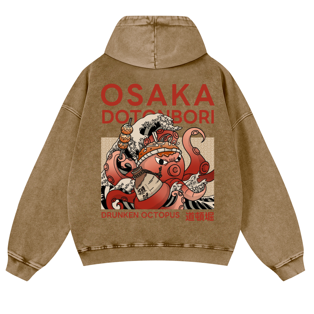 Osaka Dotonbori Drunken Octopus Vintage Washed Cotton Back Art Hoodie