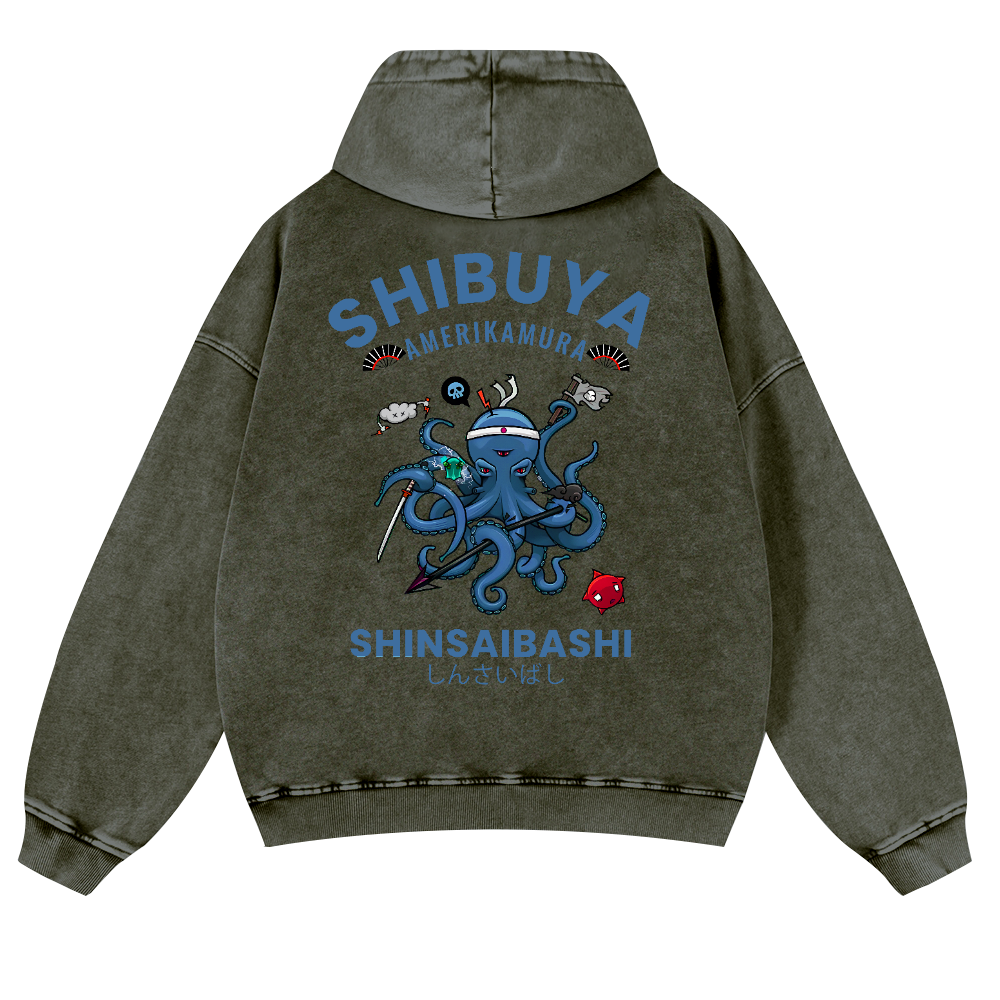 Shibuya Octopus Vintage Washed Cotton Back Art Hoodie