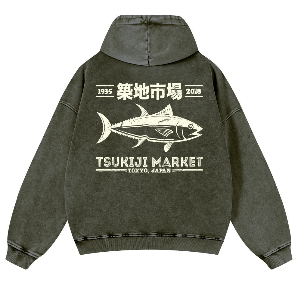 Tsukiji Market Fish Vintage Washed Cotton Back Art Hoodie