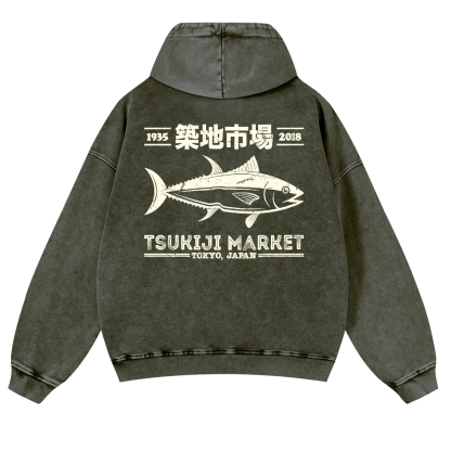 Tsukiji Market Fish Vintage Washed Cotton Back Art Hoodie