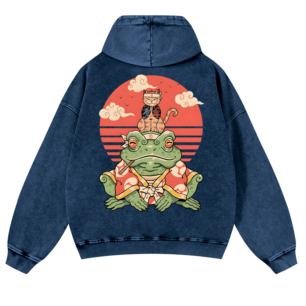 Cat And Frog Vintage Washed Cotton Back Art Hoodie