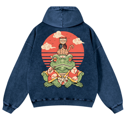 Cat And Frog Vintage Washed Cotton Back Art Hoodie