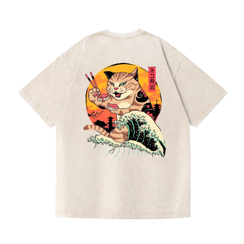 Sushi Cat Vintage Wash Japanese Design Back Art T-Shirt