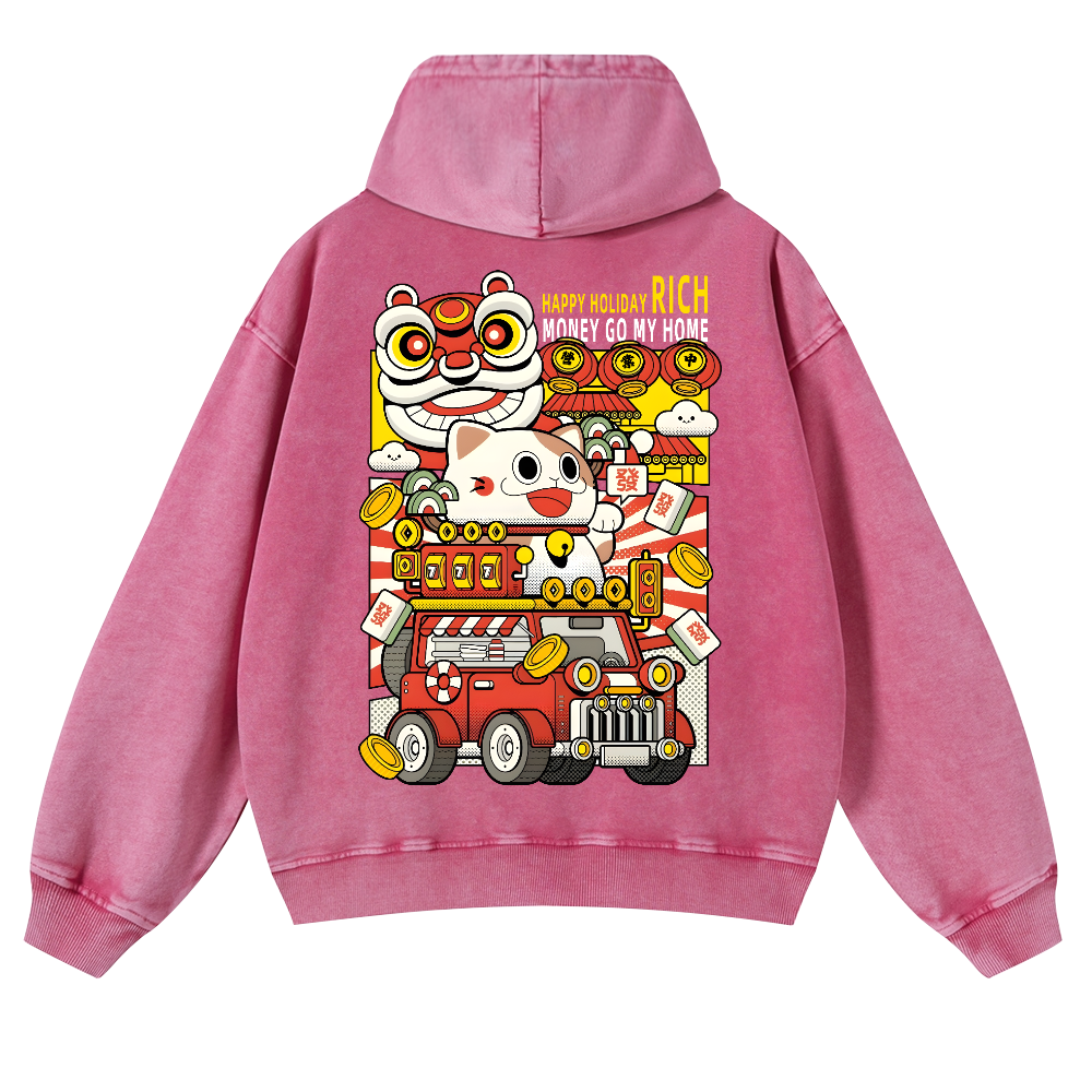 Cat Vintage Washed Cotton Back Art Hoodie