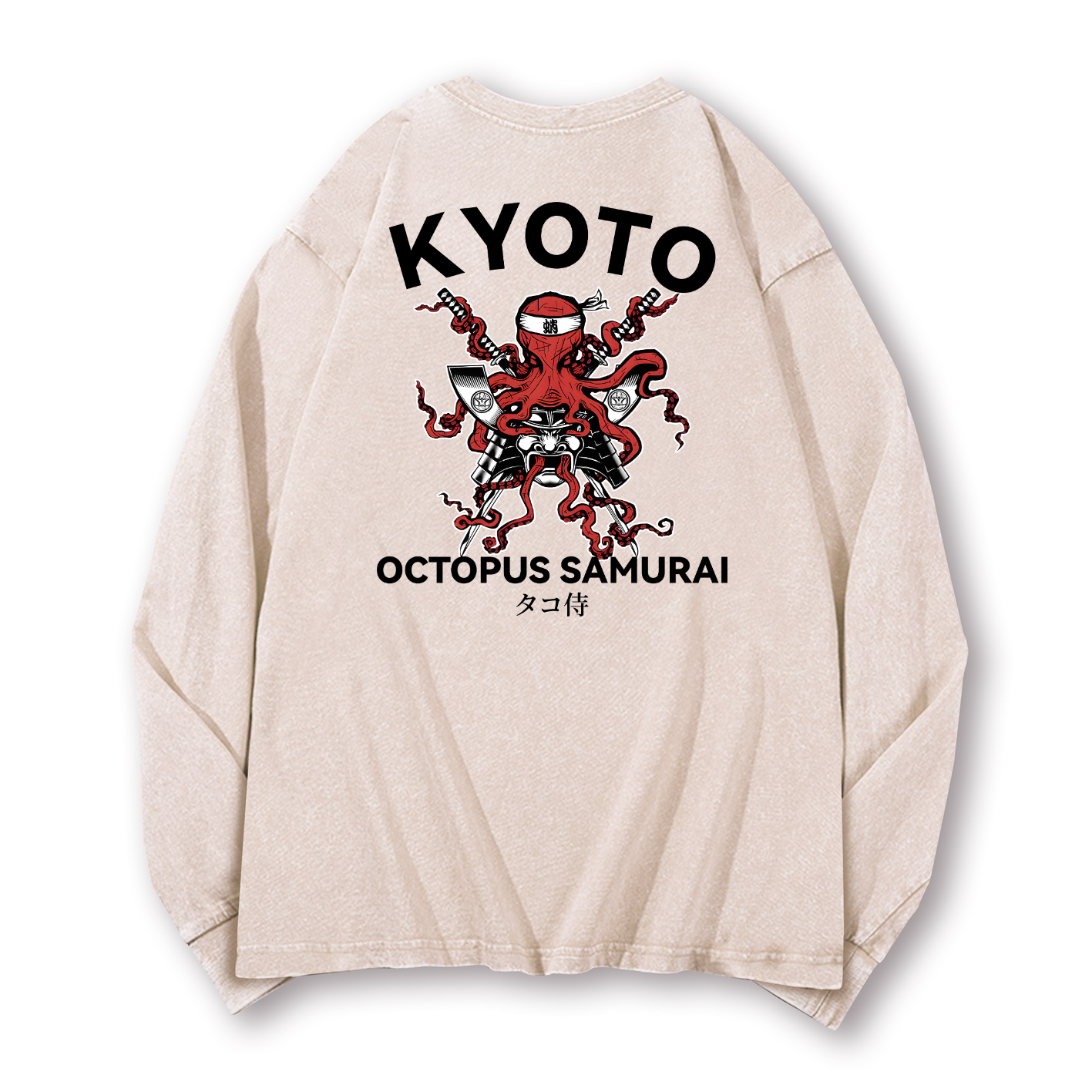 Kyoto Octopus Samurai Vintage Washed Cotton Back Art Long-sleeve T-shirt