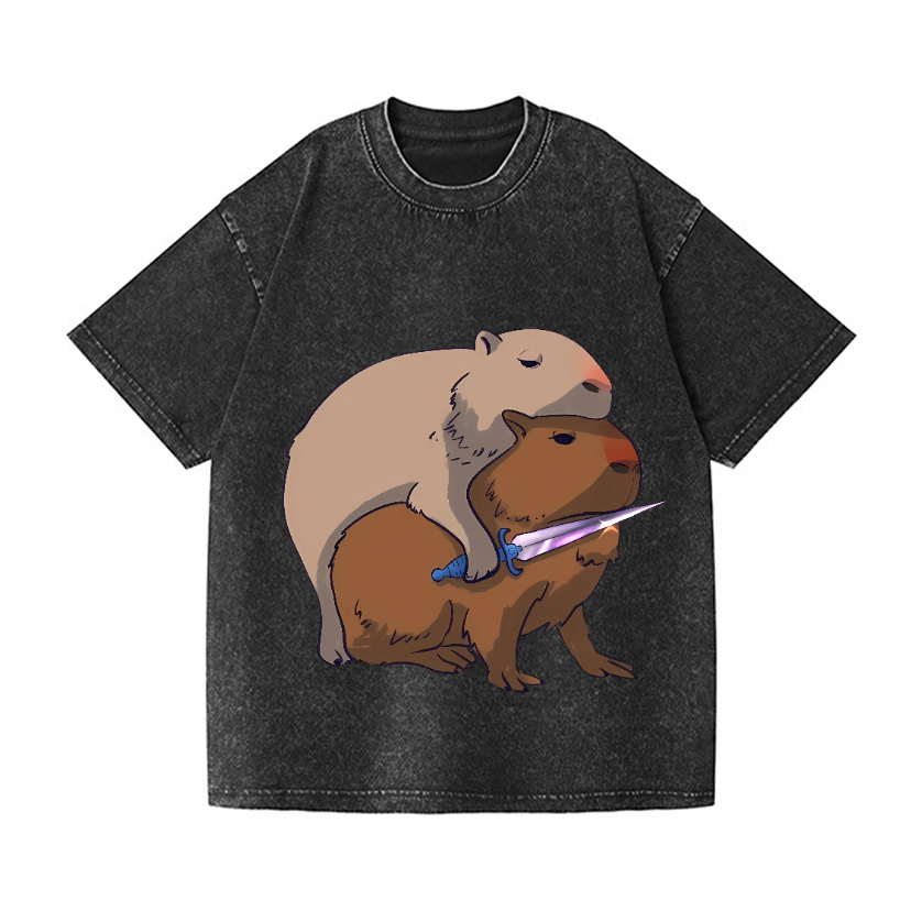 Capybaras and the Mysterious Sword Vintage Wash Japanese Design T-Shirt