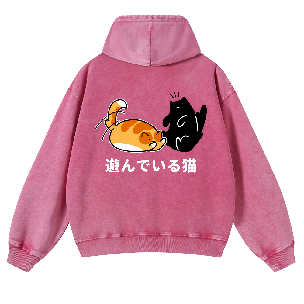 Cat Vintage Washed Cotton Back Art Hoodie