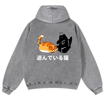 Cat Vintage Washed Cotton Back Art Hoodie